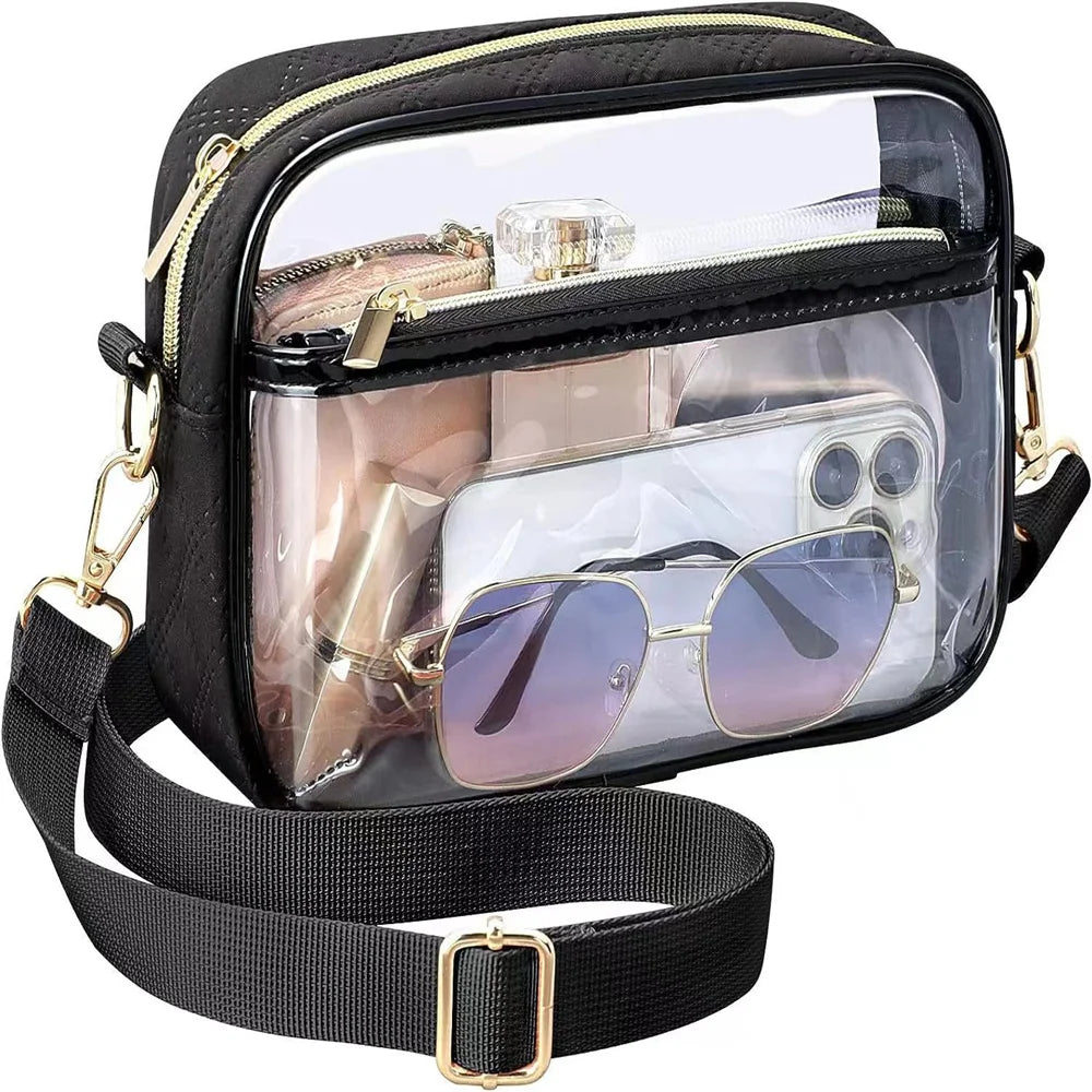 Transparent PVC Crossbody Bag | Ladies Jelly Square Shoulder Messenger Bag & Waterproof Cosmetic Bag (Female Phone Purse for Travel) Luxegan