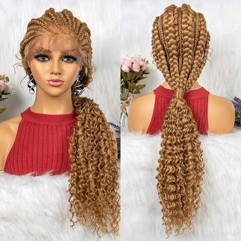 Lace Frontal Synthetic Braided Wigs Lace Front Braided Ponytail Wig Natural Knotless with Baby Hair for Black Women Daily Use Luxegan
