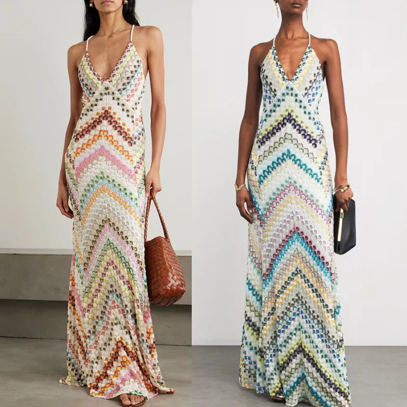 Geometric V-Neck Sleeveless Backless Regular Fit A-Line Floor-Length Dress – Natural Waist, Summer Luxegan