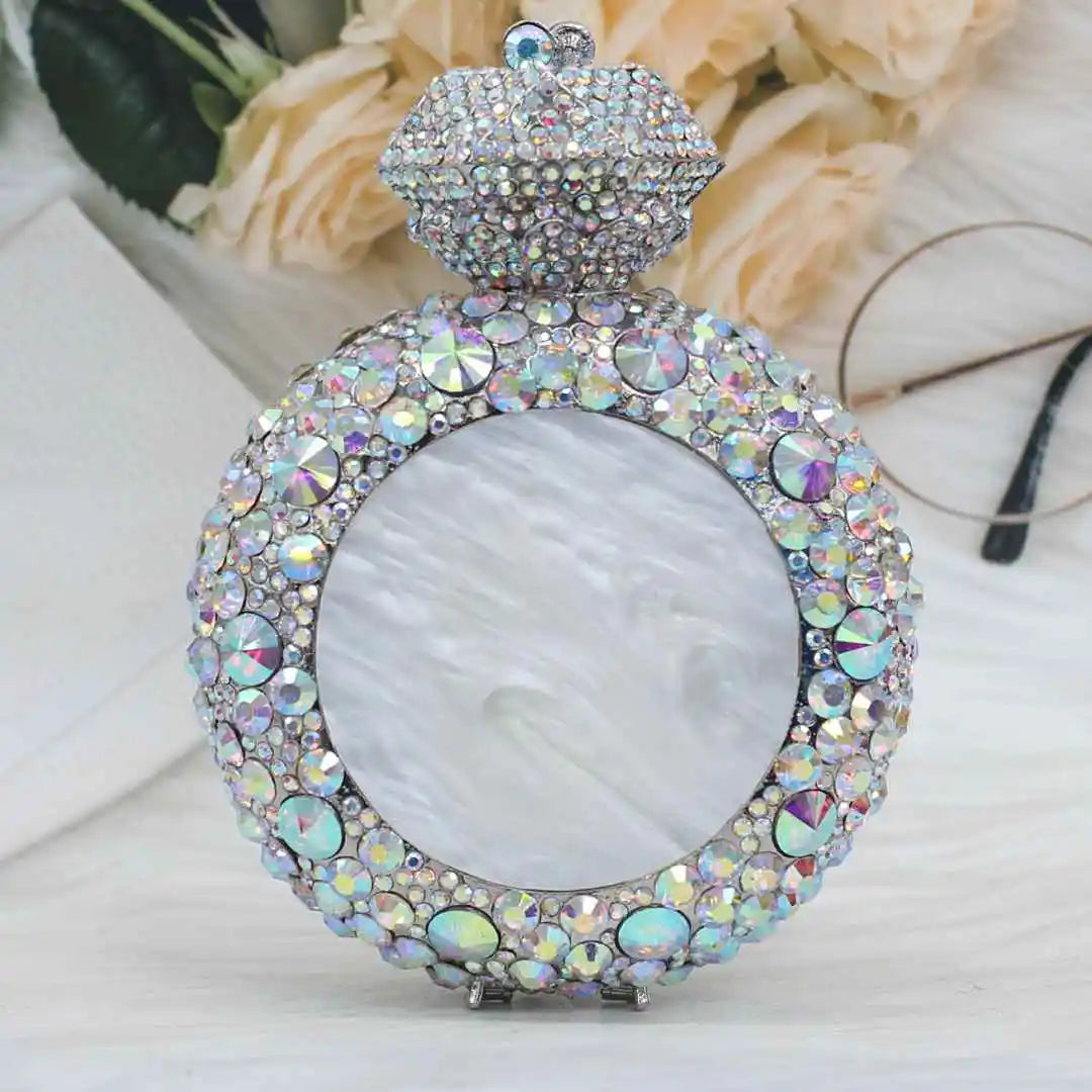 New Design "Big Diamond Ring" Evening Bag | Luxury Bridal Wedding Rhinestone Clutch | Elegant Circular Gold & Silver Handbag | Glamorous Sequined Dress Purse (Model DR521) Luxegan