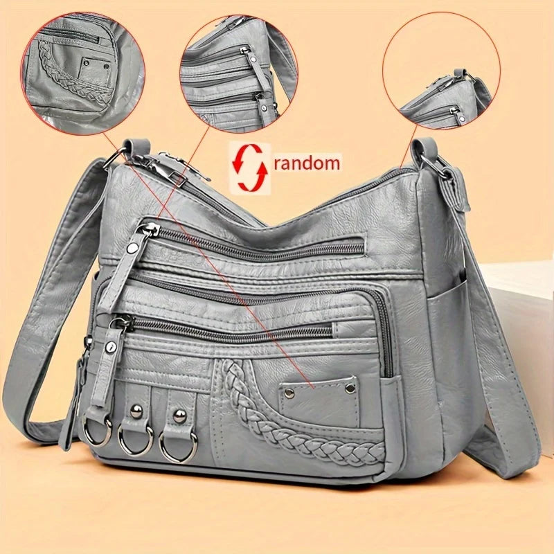 Vintage PU Leather Crossbody Bag | Retro Multi-Layer Shoulder Bag for Women | Sophisticated Classic Fashion Handbag & Purse | Elegant Work & Travel Messenger Bag with "Dignified" Letter Detail Luxegan