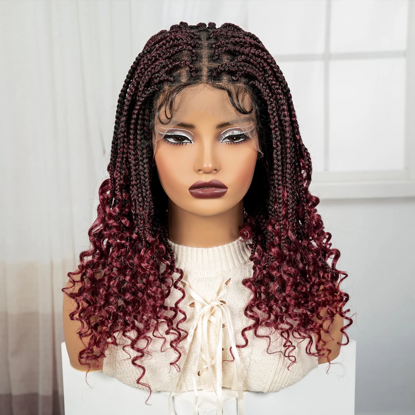 Burgundy Boho Knotless Braids Bob Wig with Curly Ends | Full Lace Luxegan