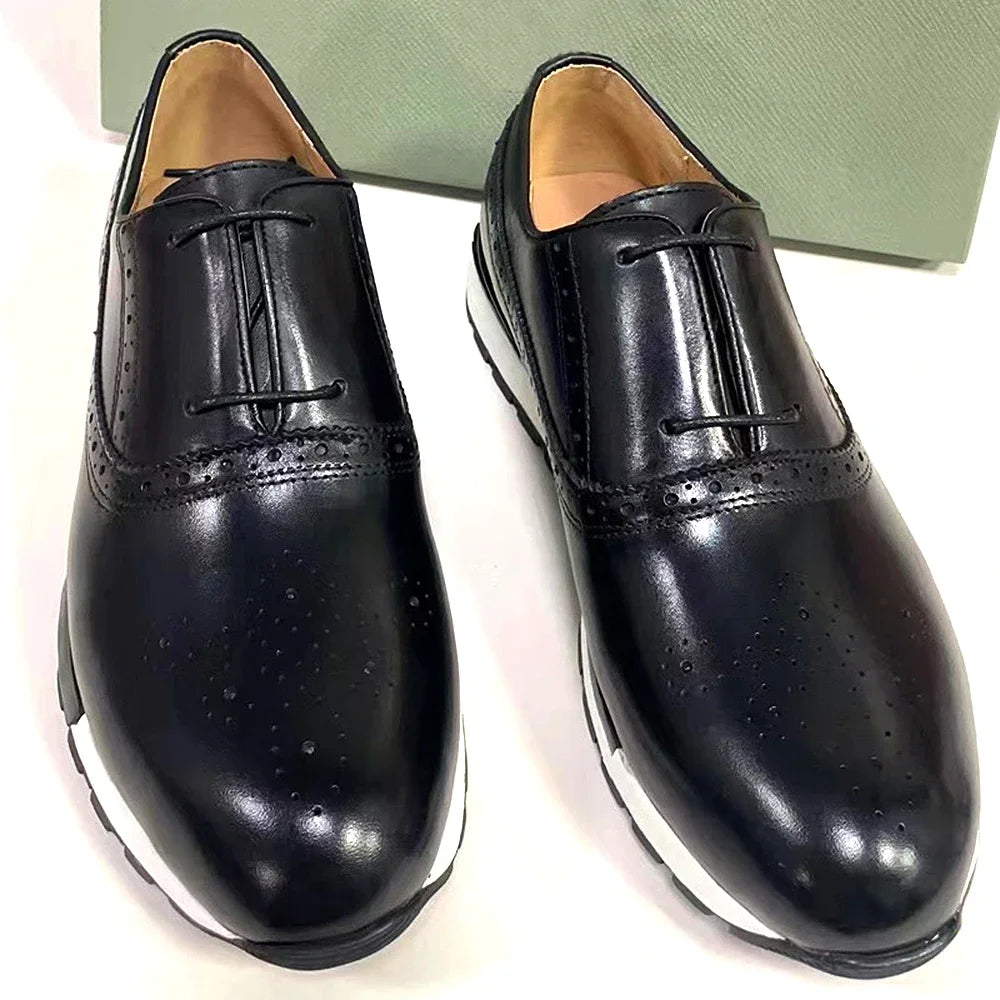 Luxury Brand Men's Calfskin Oxford Sneakers | Sophisticated Two-Eyelet Formal Leather Laces | Elegant "Classic European" Silhouette | "Dignified" Anti-Slip Rubber Sole for Radiant Versatile Styling Luxegan