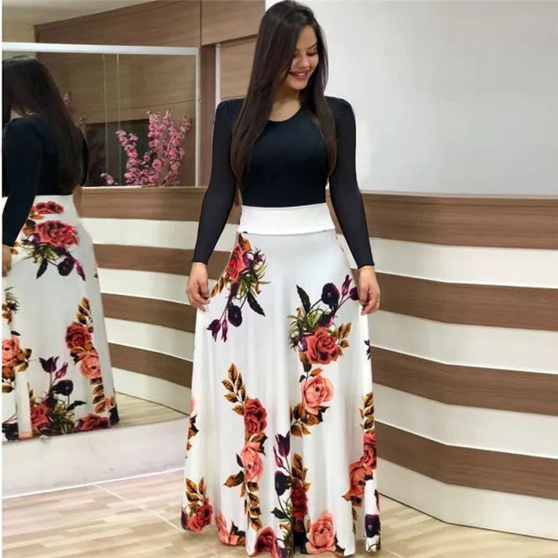 Print Round Neck Regular Fit Straight Ankle-Length Dress – Short & Long Sleeve Options, Spring/Summer