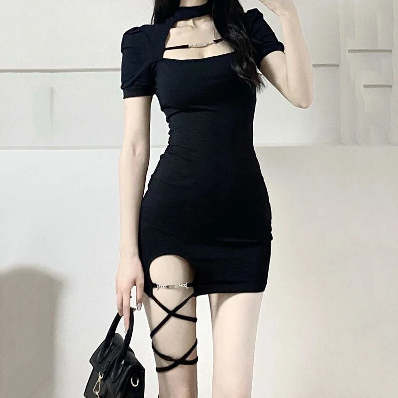 Women's Black Sexy Bandage Mini Dress | Korean Style Halter Neck-Mounted Gown | Summer Hollow-Out Slim Fit Sheath Dress | Short Sleeve Regular Shoulder Empire Waist Vestido Model QD04244 Luxegan