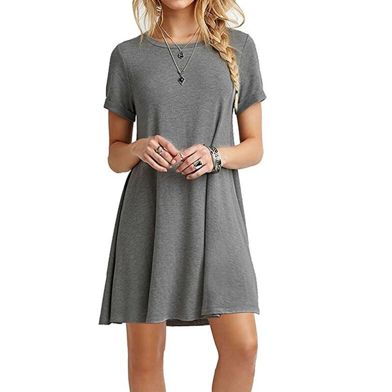 Casual Short Sleeve T-Shirt Dress | Vintage O-Neck Graphic Print Sundress | Elegant Simple Loose Fit A-Line Mini Dress | Premium Cotton Blend Summer Streetwear Model DR077 Luxegan