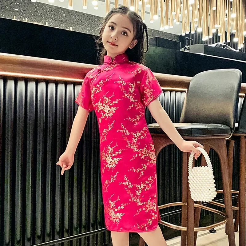 Girls' Modern Cheongsam Chinese Style Dress | Summer Kids Casual Flower Print Clothes | Short-Sleeve Turtleneck Knee-Length Straight Dress Luxegan