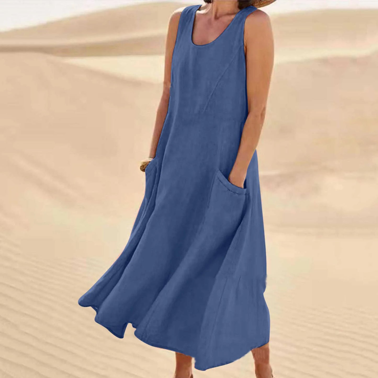 Women's Casual Cotton Linen Sundress | Summer Sleeveless Loose Sand Beachwear Maxi Dress | Elegant Double Big Pocket Oversized Long Dress | Premium High Stretch Regular Fit O-Neck Vestido Model LRFZ-818 Luxegan