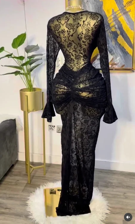 Long Sleeve Stacked Mesh Maxi Dress | Sexy See-Through Evening Gown with Premium Lining | Autumn Birthday Clubwear Bodycon Dress | Elegant O-Neck Flare Sleeve Floor-Length Pencil Robe Luxegan