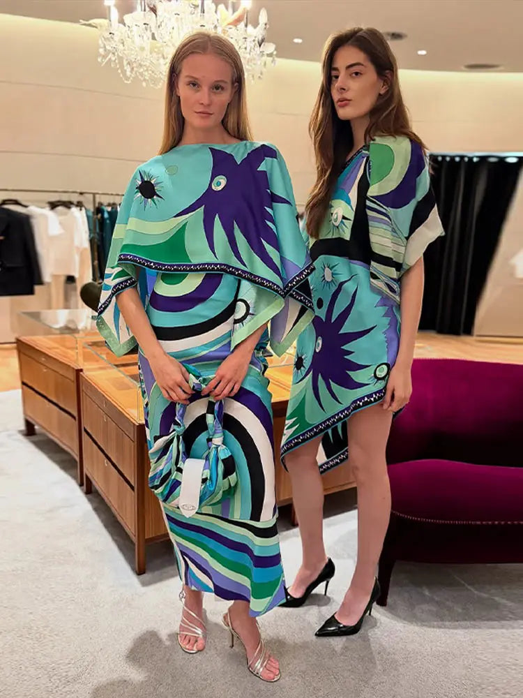Print Square Neck Patchwork Detail Regular Fit A-Line Ankle-Length Dress – Available as Dress or 2-Piece Set with Cape Top, Summer Luxegan