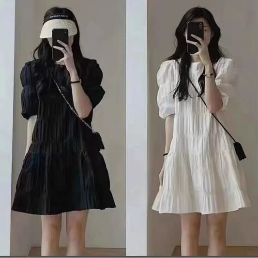 Chiffon Puff Sleeve Midi Dress | O-Neck Empire Waist Loose Beach & Party Dress Luxegan