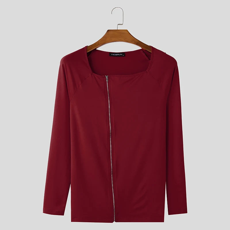 Square Neck Knitted Zipper T-Shirt | Sophisticated Long-Sleeved Camiseta Silhouette | Elegant "Zipper Detail" Spring and Summer Top | "Dignified" Solid Broadcloth Tee for Radiant Versatile Styling Luxegan