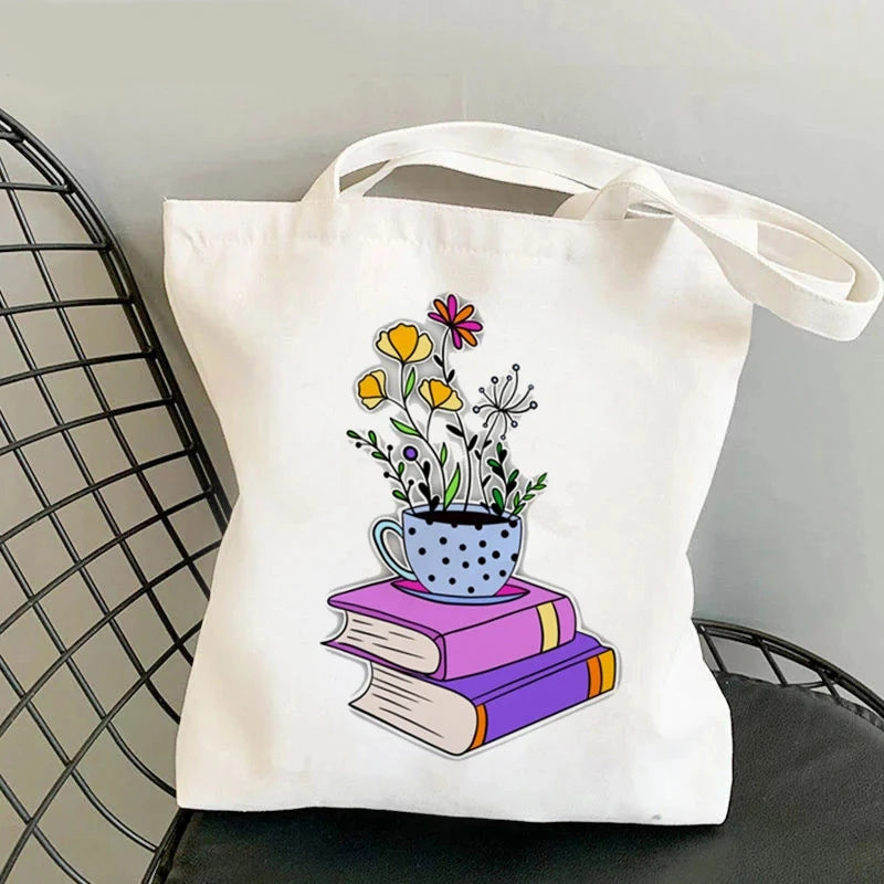Flowery Books Printed Canvas Tote Bag | Retro Large Capacity Eco-friendly Shopping Bag | Unisex Student Schoolbag Shoulder Bag Luxegan