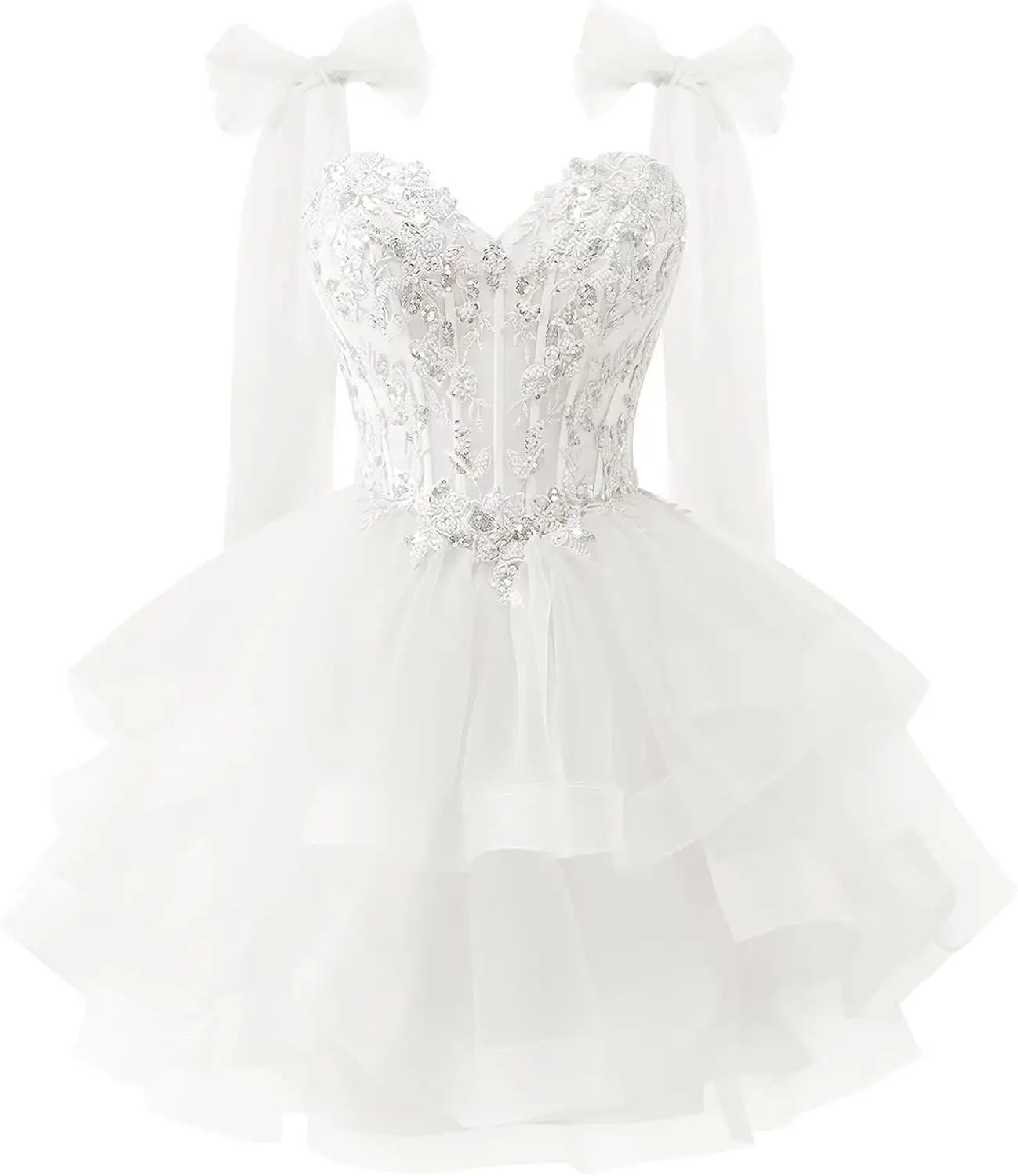 Tiered Tulle Homecoming Dresses Sparkly Lace Applique Bow Straps Short Prom Dress for Teens Cocktail Dress Graduation Dress