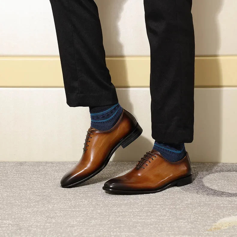 Designer Genuine Leather Wholecut Oxfords | Luxury Brand Pointed-Toe Dress Shoes | Elegant "Classic Single-Piece" Silhouette | "Dignified" Waterproof Cow Leather Footwear for Radiant Versatile Business & Formal Styling Luxegan