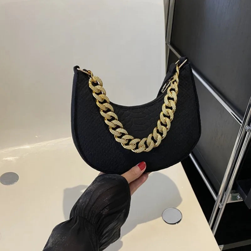 Fashion Women's Felt Handbag | Imitation Metal Chain Underarm Bag (Retro Ladies Solid Color Shoulder Bag, Trendy Casual Clutch Purse) Luxegan