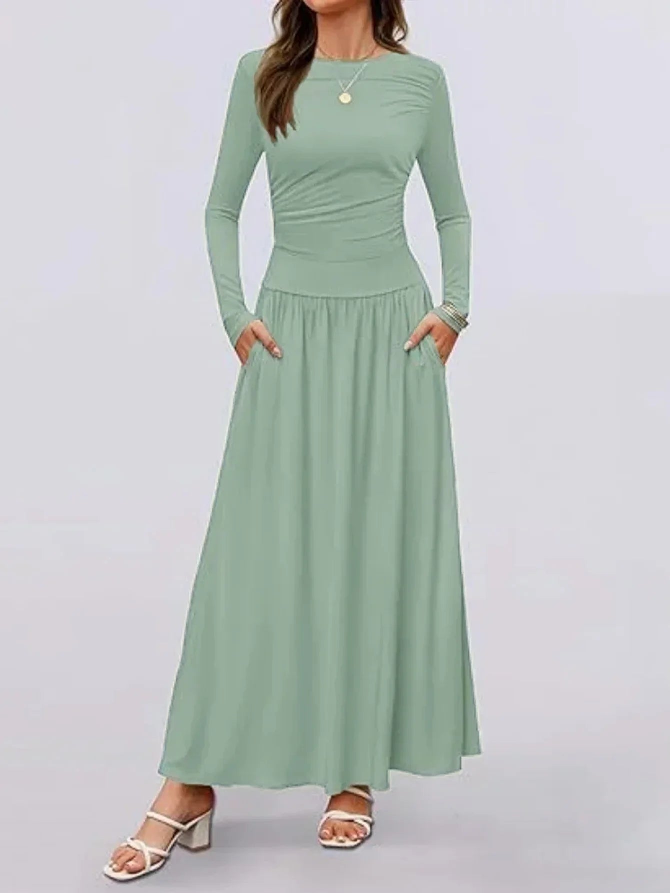 Autumn New Arrivals Long Sleeve Maxi Dress | Comfortable High-Stretch Ruched Detail Long Gown | Elegant O-Neck Solid Color Multi-Color A-Line Dress | Premium Tatting Regular Fit Ankle-Length Everyday Wear Luxegan