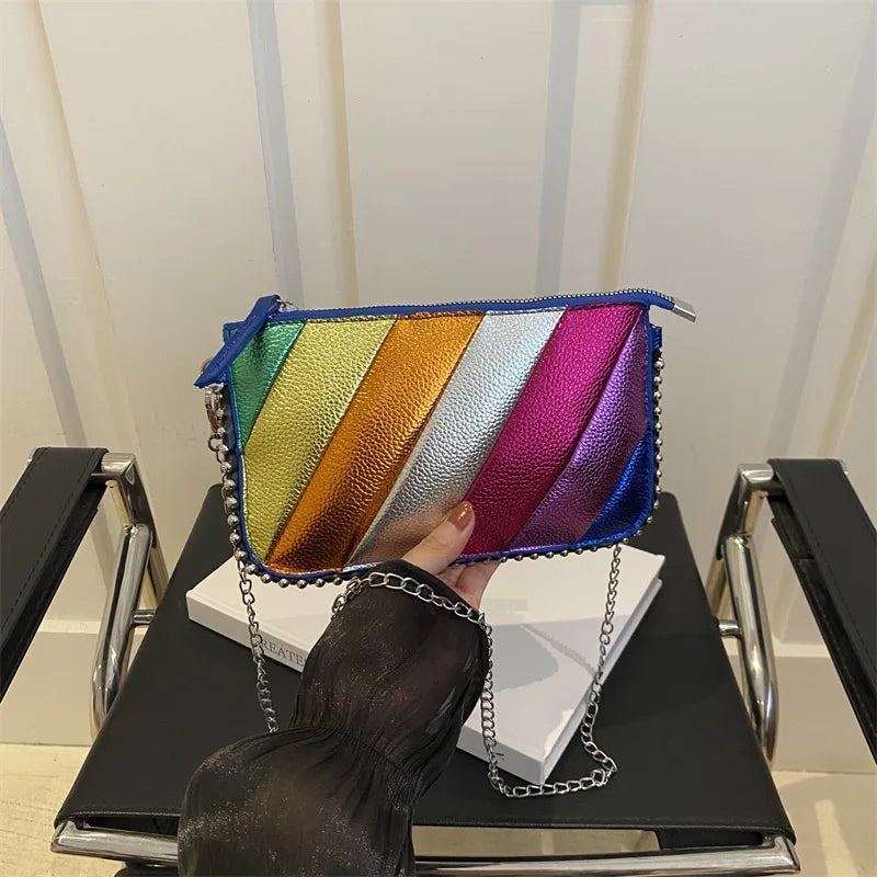 Fashion Trend Contrast Rainbow Splice Shoulder Bag | Designer Rivet Crossbody Handbag | Colorful Twill Chain Flap Bag Luxegan