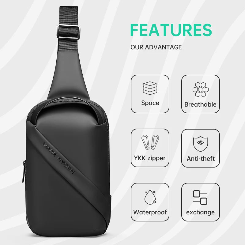 MR 8518 Men's Oxford Sling Chest Bag | 7.9-Inch Waterproof Moto Biker Crossbody Bag | Premium Anti-Theft USB Charging Shoulder Bag | Black New Fashion Bowling Shaped Sling Pack Luxegan