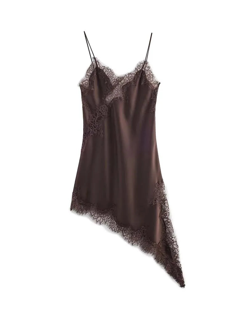 Elegant Lace Halter Maxi Dress | Sexy V-Neck Asymmetric Hem Holiday Gown | Summer New Patchwork Party Beach Dress | Premium Non-Woven Regular Fit A-Line Luxegan