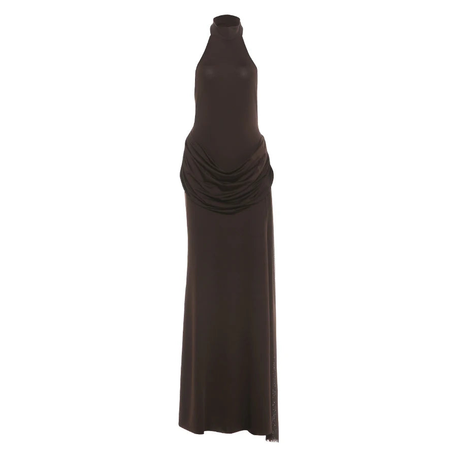 Nibber Backless Maxi Dress Women Halter Sleeveless High Side Slit Long Tassel Folds Solid High Elasticity Prom Party Vestidos