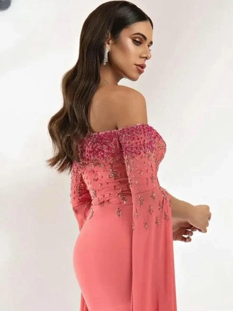 Vintage Sequined Beaded Formal Evening Dress | Half-Sleeve Off-The-Shoulder Chiffon Gown with Ribbons | Elegant Boat Neck Ruched Wedding Guest Dress | Model 1 Floor-Length Straight Silhouette Prom & Cocktail Gown Luxegan