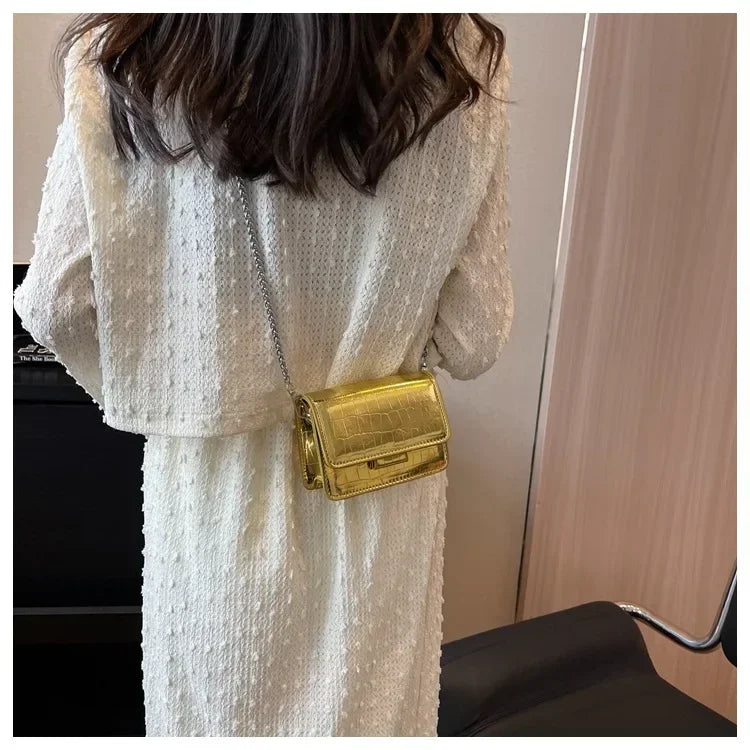 Vintage Chic Crocodile-Pattern Crossbody | Sophisticated Luxury Designer Small Shoulder Bag | Elegant Gold & Silver Mini Square Purse | "Dignified" Structured Satchel for Everyday Wear Luxegan
