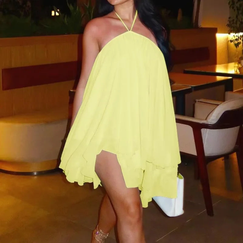 Solid Halter Sleeveless Ruffle Detail Loose Fit A-Line Mini Dress – Empire Waist, Spring/Summer | Available as Dress or Dress & Skirt Set Luxegan