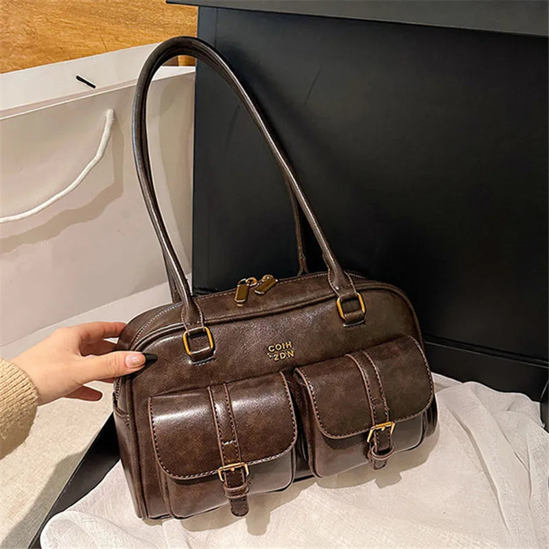 Women’s Coffee Brown Multi-Pocket Handbag | Stylish Versatile Letter Crossbody Purse | Vintage PU Leather Shoulder Bag with Sequined Detail | Large Capacity Daily Tote for Travel & Work Luxegan