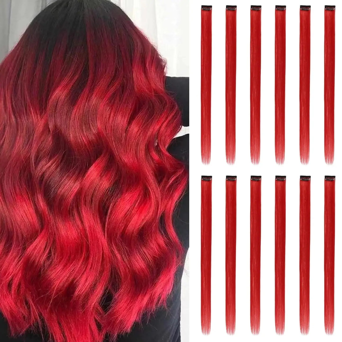 Colored Straight Clip-In Hair Extensions – 22 Inch Party Highlight Synthetic Hair Accessory (Red - view 2