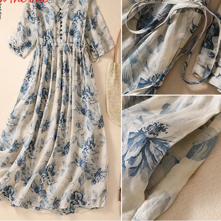 Print Bohemian V-Neck Short Sleeve Slim A-Line Ankle-Length Dress with Fold Detailing – Slight-Stretch Cotton-Polyester Blend, Elasticated Waist, Summer Luxegan