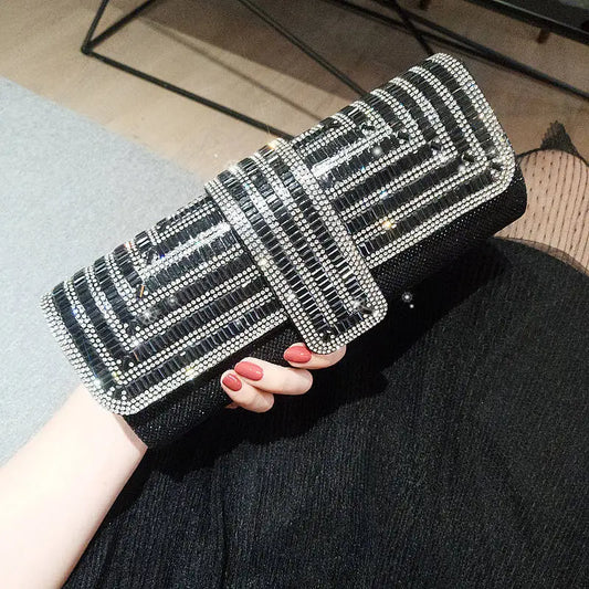 Luxury Crystal Evening Clutch | Sophisticated Diamond-Encrusted Dinner Bag | Elegant Envelope Handbag with Armpit Chain Strap | "Dignified" Sparkling Accessory for Weddings & High-Profile Parties Luxegan