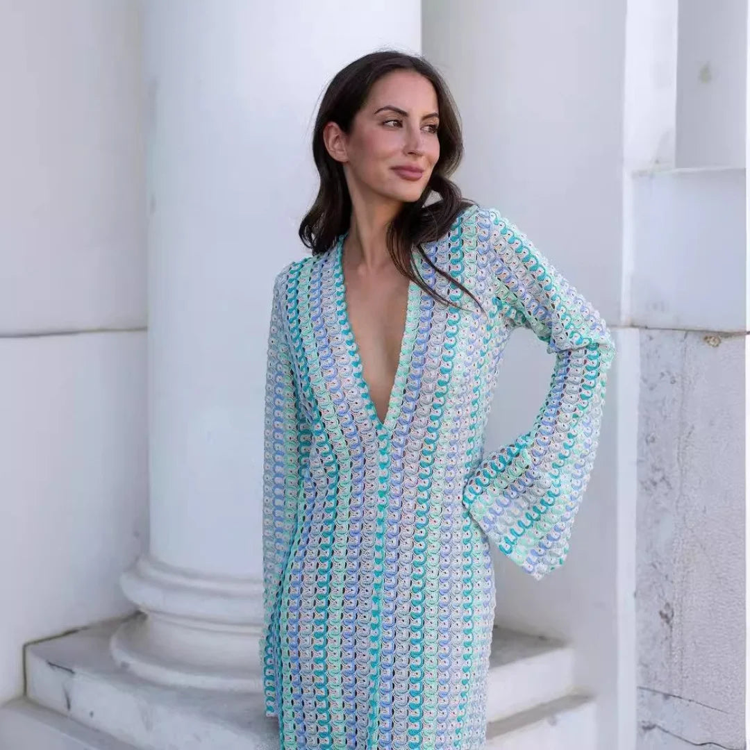 Crochet Hollow-Out Stripe Maxi Dress – Flare Sleeve, Deep V-Neck, Split Hem Luxegan