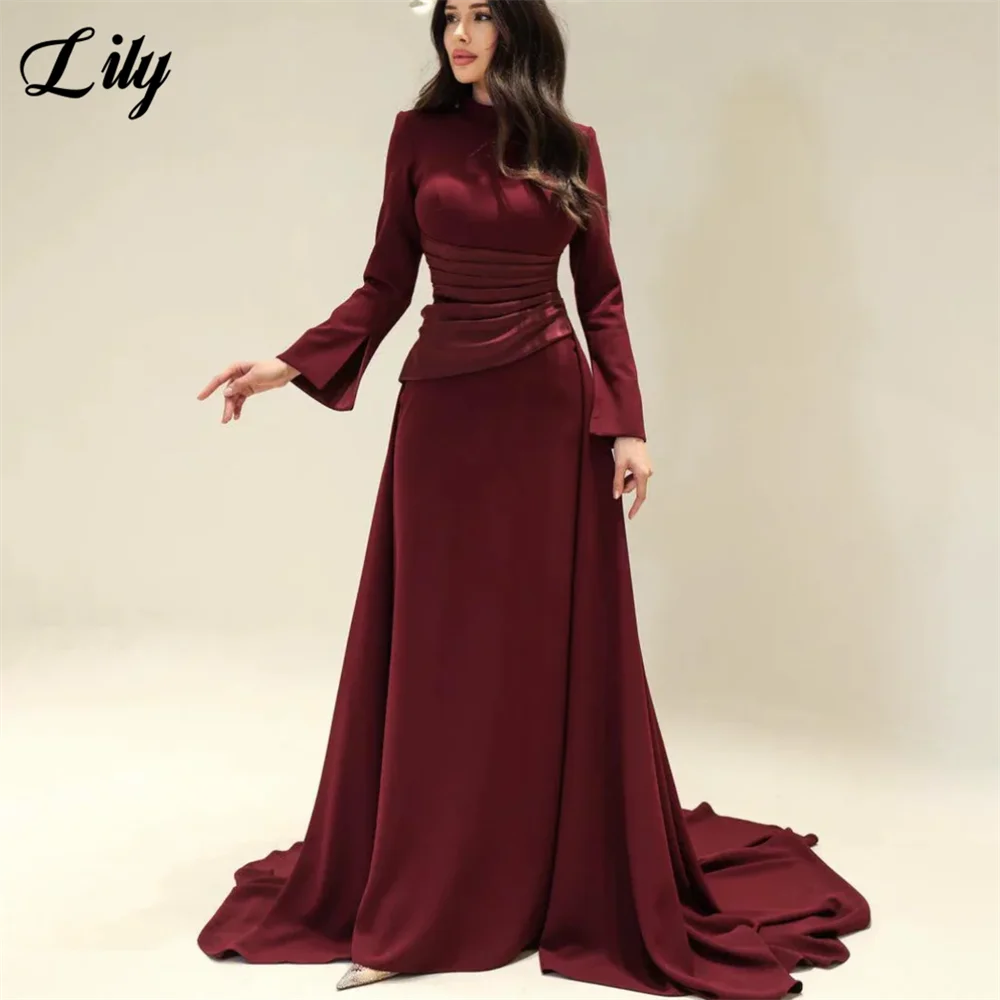 Lily Burgundy Elegant Prom Dresses High-Neck Long Sleeves Mermaid Evening Dresses Satin Muslim Formal Gowns Dubai  Customized