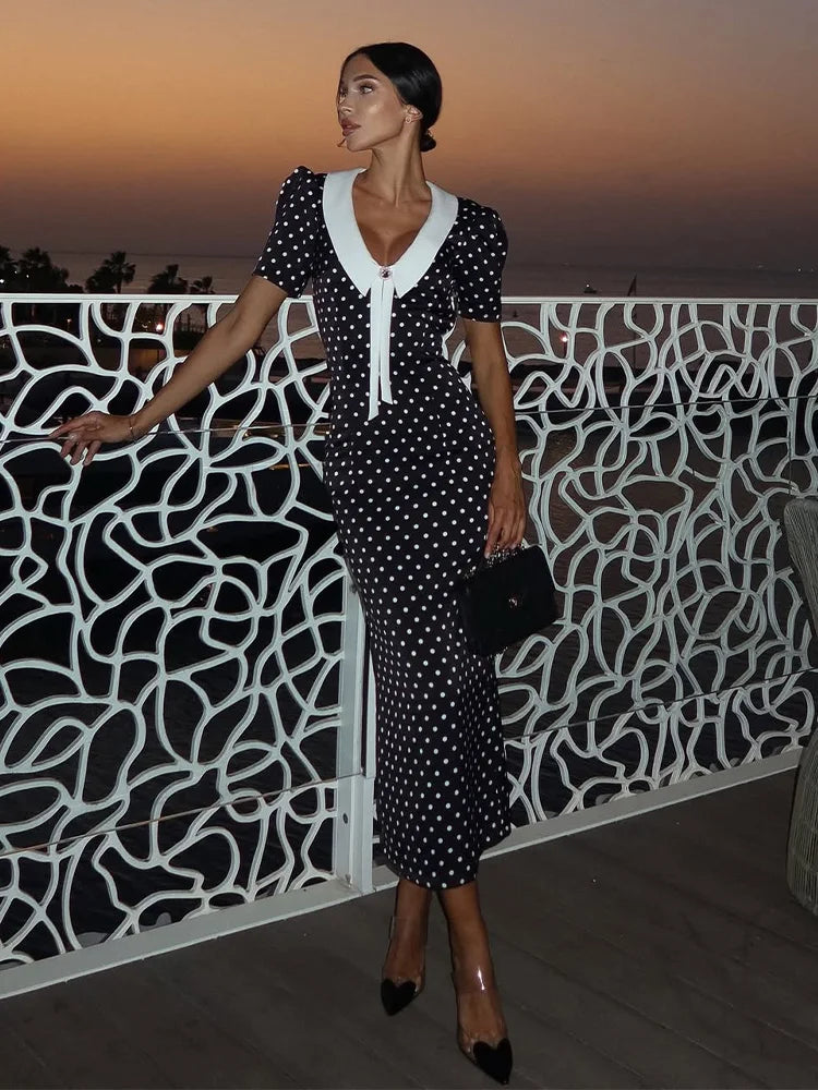 Dot Patchwork Hip-Wrap V-Neck Elegant Dress | Short-Sleeve Ankle-Length Sexy Club Bodycon | Medium-Stretch Slim-Fit Spring Summer Sheath Luxegan