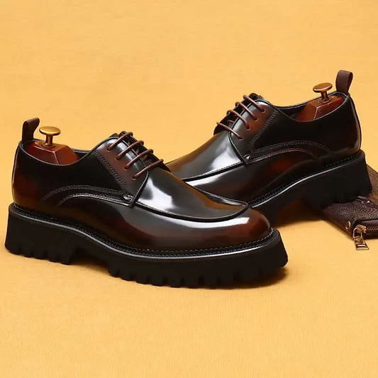 Designer Glossy Leather Derby Shoes | Sophisticated Thick-Sole Round-Toe Footwear | Elegant "Waxed Cowhide" Silhouette | "Dignified" British Style Lace-Up Shoes for Radiant Versatile Office & Career Styling Luxegan