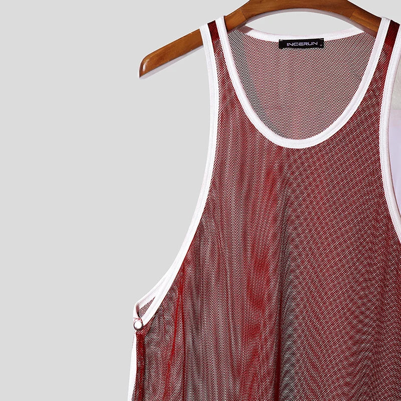 INCERUN Hombre Camisetas de Tirantes Malla Retazos Cuello Redondo Sin Mangas Chalecos Masculinos Transparentes Sexy Huecos Ropa de Hombre Ropa de Calle Verano