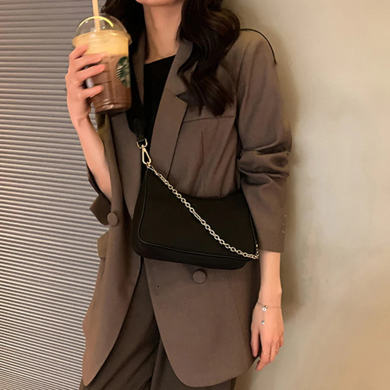 Casual Nylon Waterproof Shoulder Hobo Bag | Fashion Cool Black Chain Handbag Luxegan