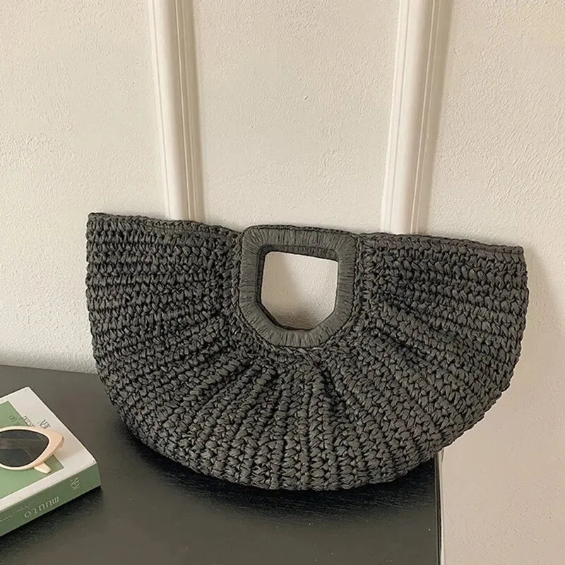 Summer Half-Moon Straw Beach Handbag | Sophisticated Handmade Rattan Handle Tote | Elegant Knitted Bohemian Shoulder Bag | Luxury Fashion-Forward Vacation Purse with "Dignified" Artisan Texture Luxegan