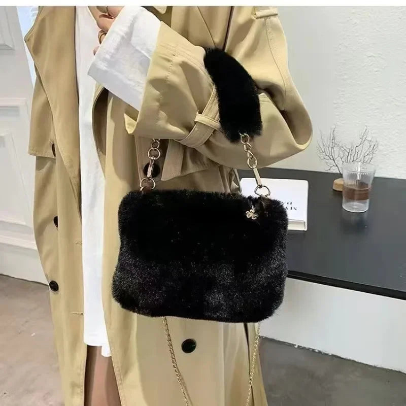 Fashion Women's Fluffy Shoulder Bag | Female Winter Chain Underarm Bag & Soft Plush Handle Handbag (Solid Color) Luxegan