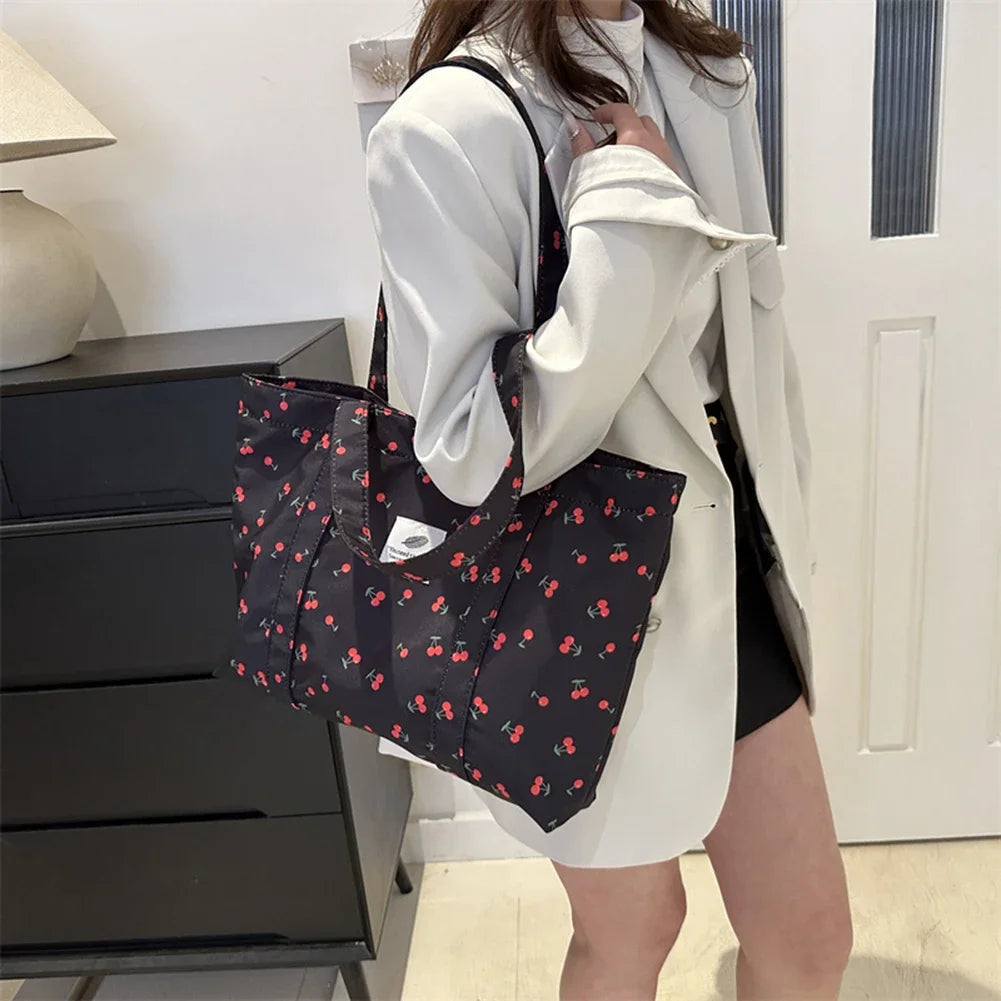 Cute Cherry & Strawberry Print Casual Tote | Sophisticated Large Capacity Nylon Shopping Bag | Elegant Aesthetic Fruit Pattern Handbag | Fashion-Forward Grocery Bag for Women with "Dignified" Soft Finish Luxegan