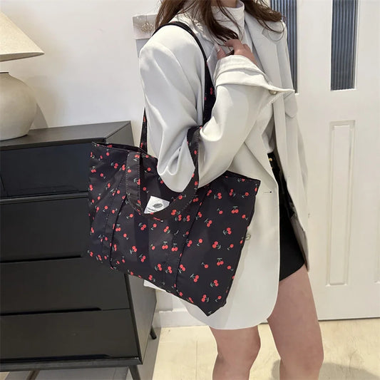 Cute Cherry & Strawberry Print Casual Tote | Sophisticated Large Capacity Nylon Shopping Bag | Elegant Aesthetic Fruit Pattern Handbag | Fashion-Forward Grocery Bag for Women with "Dignified" Soft Finish Luxegan