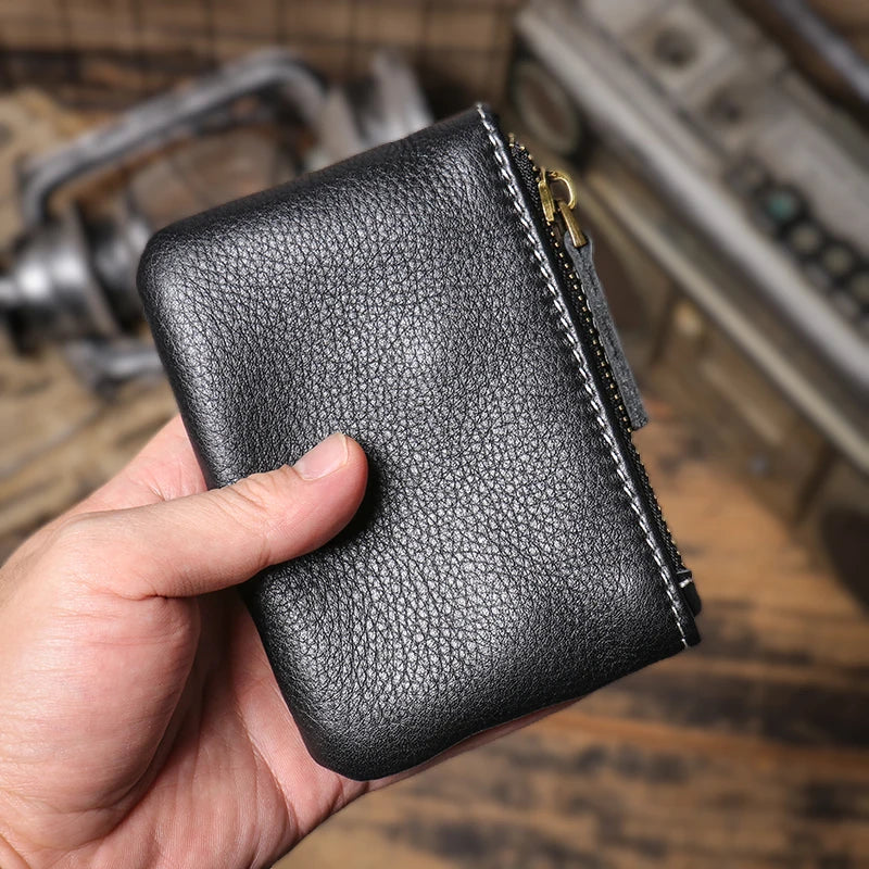 GURO Mini Monedero de Cuero Genuino de Lujo para Hombre, Cartera Corta con Cremallera, Pequeño Estuche de Cuero Vacuno para Mujer, Tarjetero, Bolsas Cuadradas Diarias para Llaves