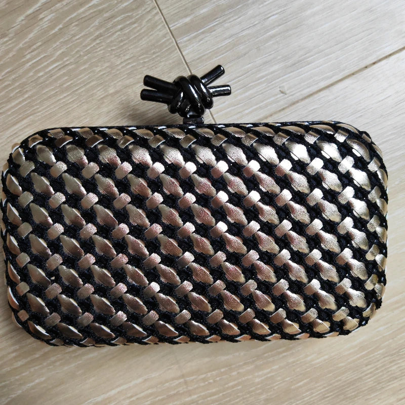 Woven Contrast Color Evening Clutch | Sophisticated Microfiber Thread Braid Handbag | Elegant Classic Chain Small Square Bag | "Dignified" Hard-Shell Woven Purse for Formal Party Styling Luxegan