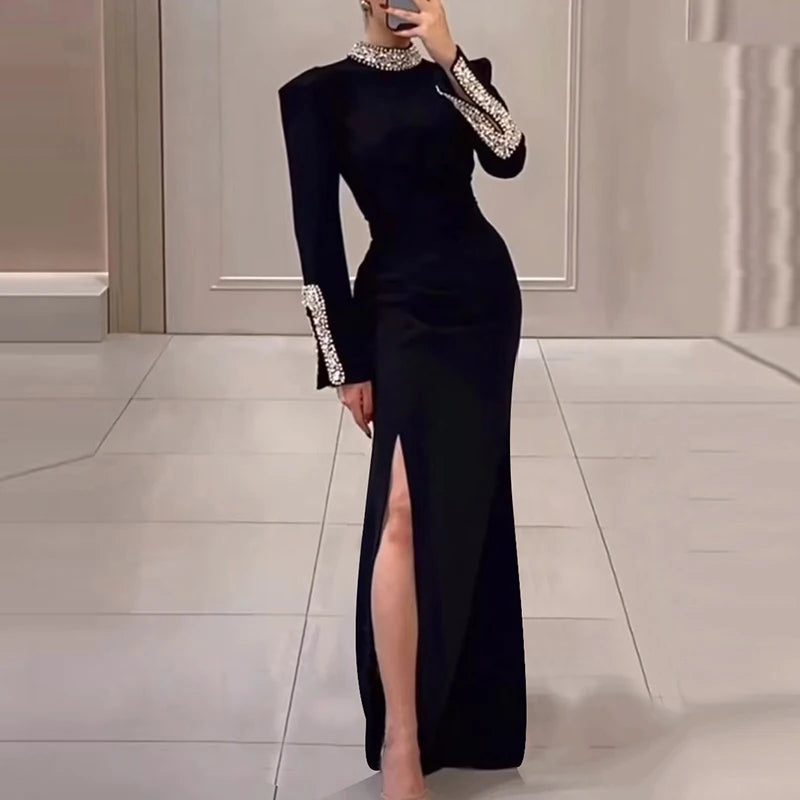 Elegant Solid High Slit Party Dress Temperament Long Sleeve Slim Evening Gala Dress Turtleneck Rhinestone Banquet Dress Women