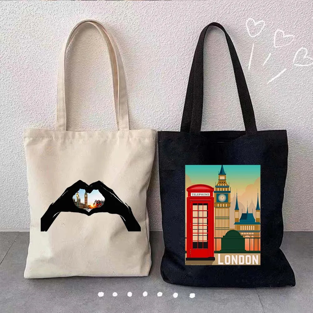 London Big Ben England Map Flag Canvas Tote Bag | UK City Landscape Skyline Shoulder Shopping Handbag (Women's Tourist Gift) Luxegan