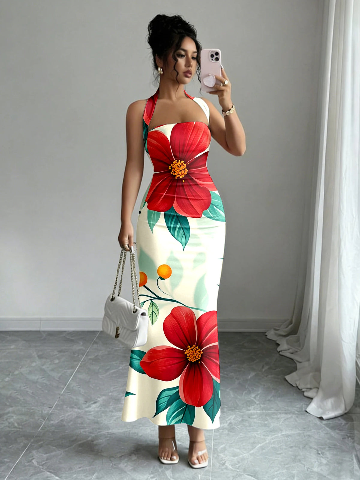 Print Slash Neck Spaghetti Strap Sleeveless Zip Detail Regular Fit Sheath Ankle-Length Dress – Slight Stretch Polyester-Elastane, Summer Luxegan
