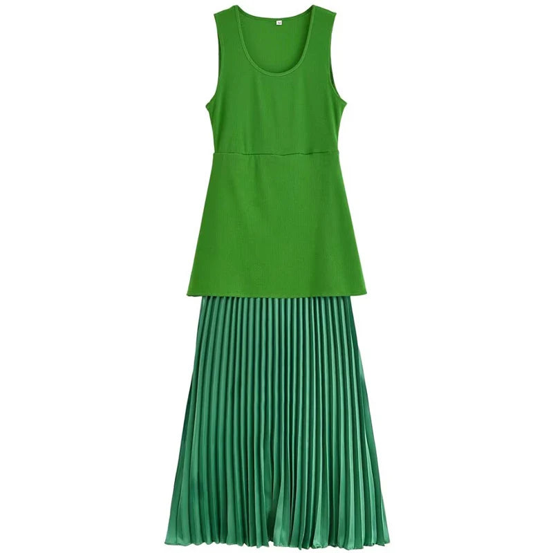 Women's Elegant Green Pleated Long Dress | Summer Knit Patchwork Ankle-Length Gown | Sleeveless O-Neck Medium-Stretch High-Street Dress Luxegan
