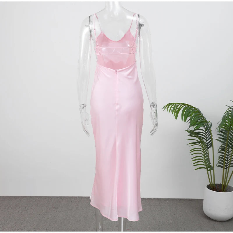 Yellow Satin Sling Maxi Dress for Women | Elegant V-Neck Sleeveless Backless Summer Evening Gown | Premium High-Waist Loose Silhouette Party Robe | Model Yellow Elegant Stain Regular Fit Ankle-Length Luxegan