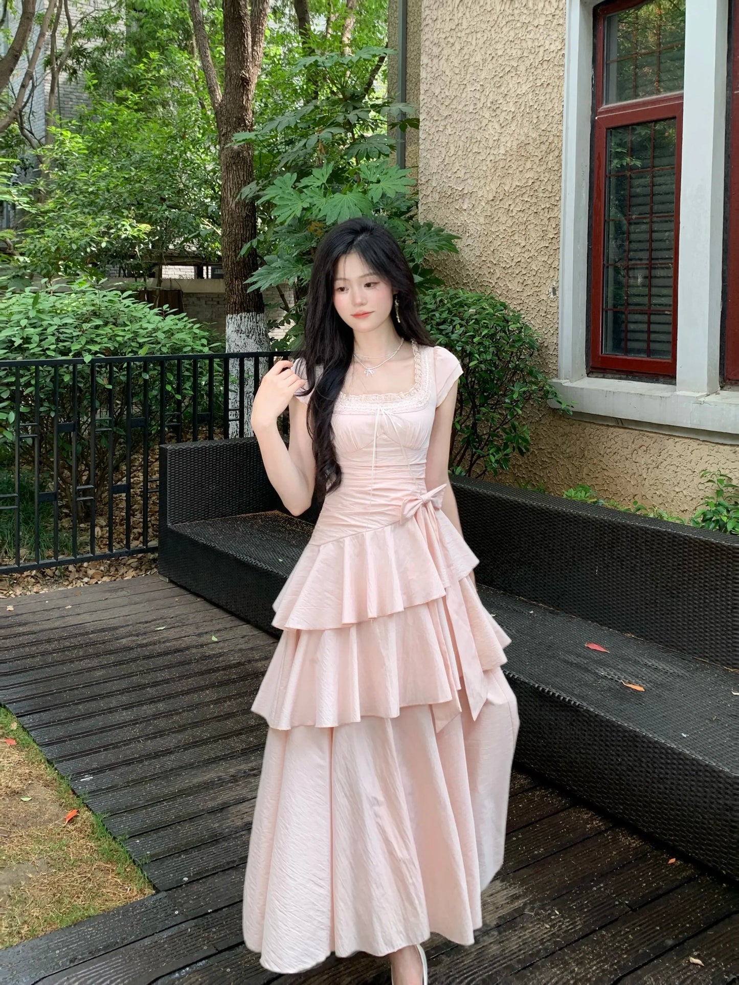 Women's Elegant Vintage Summer Midi Dress | Sweet Korean Style Irregular Evening Gown | Slim Fit A-Line Short Puff Sleeve Vestido | Premium Cotton Blend Bow Neckline Dress